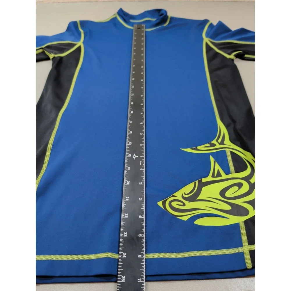 REI Kids Rash Guard XL 18 Blu Black Shark Graphic Short Sleeve Swim Shirt 793907